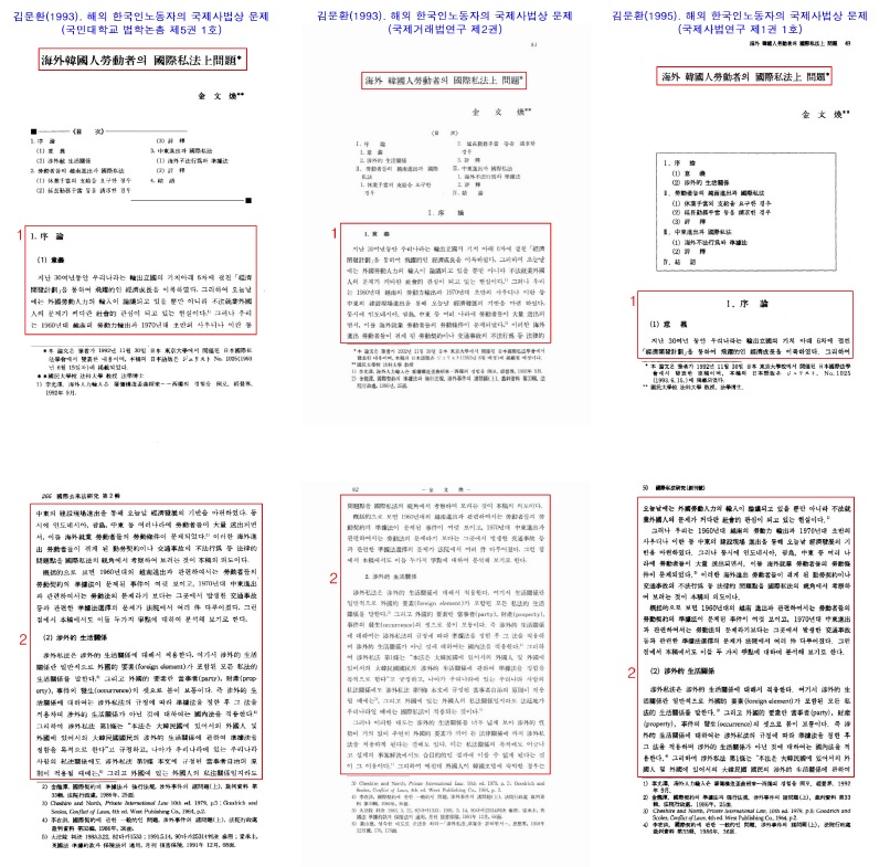 ‘해외 한국인노동자의 국제사법상 문제’는 국민대학교 ‘법학논총’과 ‘국제거래법연구’, ‘국제사법연구’, 세 군데에 실렸다. 같은 논문이 두 군데 이상 학술지에 실리는 것은 이례적인 일이다.