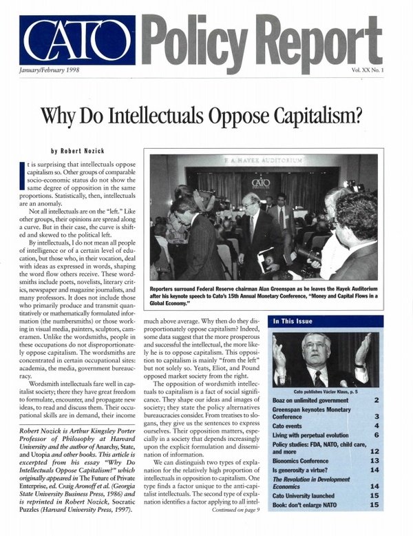 리버테리언(libertarian)으로 잘 알려진 로버트 노직(Robert Nozik), 그의 유명한 에세이 “왜 지식인들은 자본주의에 반대하는가?(Why Do Intellectuals Oppose Capitalism?)”는 미국의 리버테리언 조직체인 케이토 연구소(Cato Institute)의 정책 리포트 1998년 1/2월호에 소개된 바 있다. 이 유명한 글은 국내에서 인터넷을 중심으로 번역본이 여러개 공개된 바 있다. 